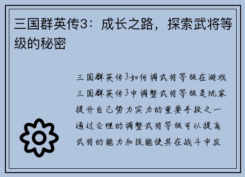 三国群英传3：成长之路，探索武将等级的秘密