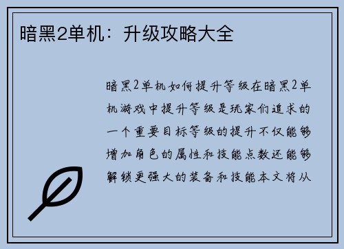 暗黑2单机：升级攻略大全