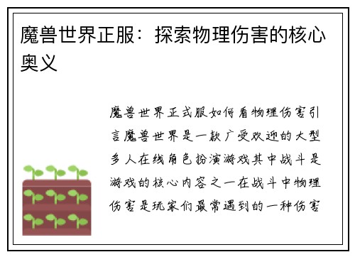 魔兽世界正服：探索物理伤害的核心奥义